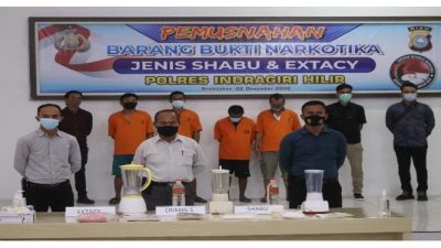 Polres Inhil Musnahkan Barang Bukti Shabu Sebanyak799,50 Gram Dan 2997 Butir Pil Extacy