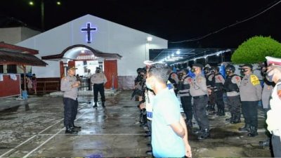 Jelang Ibadah Paska, Polres Langsa Bersama Brimob Kompi 2B Pelopor Aramia Sterilisasi Gereja HKBP