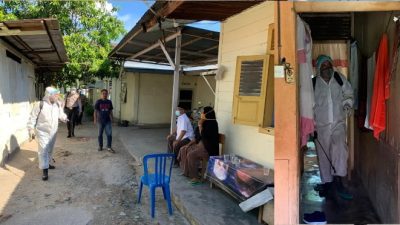 Antisipasi Penyebaran, Polsek Limapuluh Lakukan Penyemprotan Disinfektan Disekitar Rumah Duka Yang Terpapar Covid-19