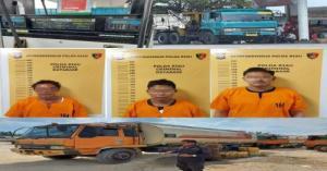 Ket : 3 orang pelaku cencing minyak disubsidi pemerintah jenis Bio Solar di SPBU jalan Duri-Dumai Km 11 Kelurahan Balai Makam Bathin Solapan Bengkalis Riau beserta barang bukti lainnya (Foto/istimewa)