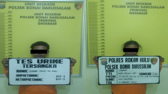 Teks foto : Dua sejoli yang sedang pesta sabu di tangkap Polsek Bonai Darussalam (Istimewa).