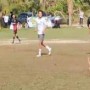 Teks foto : Ade Desri Kurniawan, kesebelasan Desa Pangkalan Batang Barat berhasil merebut kembali bola yang dikuasai pemain Gelora, Desa Damai, Sabtu (29/01/2022) siang.