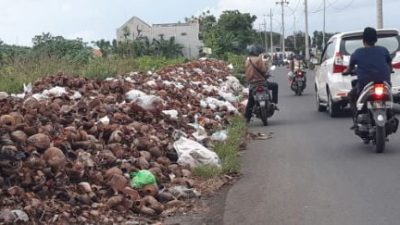 Tumpukan Sampah Batok Kelapa Ganggu Pemandangan di Jalan Gusdur Kota Probolinggo