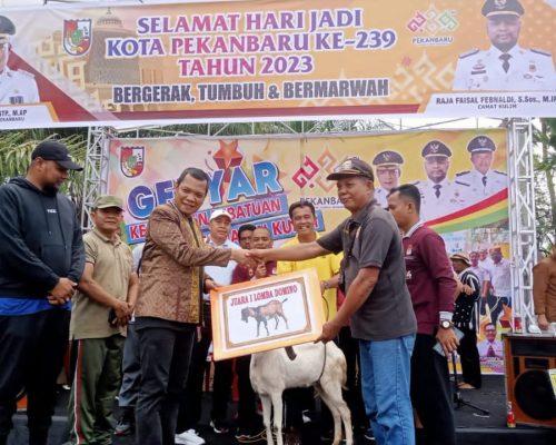 Ratusan masyarakat tumpah ruah mengikuti kegiatan jalan santai dan senam massal di Kelurahan Pebatuan, Ahad (9/7)