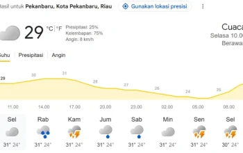 Cuaca Pekanbaru Hari Ini: Langit Berawan, Suhu 29°C, Warga Diimbau Waspada Gerimis Lokal