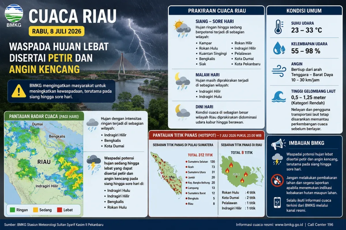 Cuaca Riau 8 Juli 2026: BMKG Peringatkan Hujan Lebat Disertai Petir di Sejumlah Wilayah