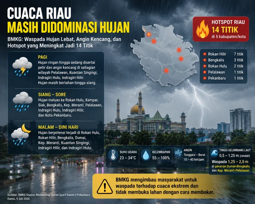 Cuaca Riau Masih Diguyur Hujan, Hotspot Naik Jadi 14 Titik
