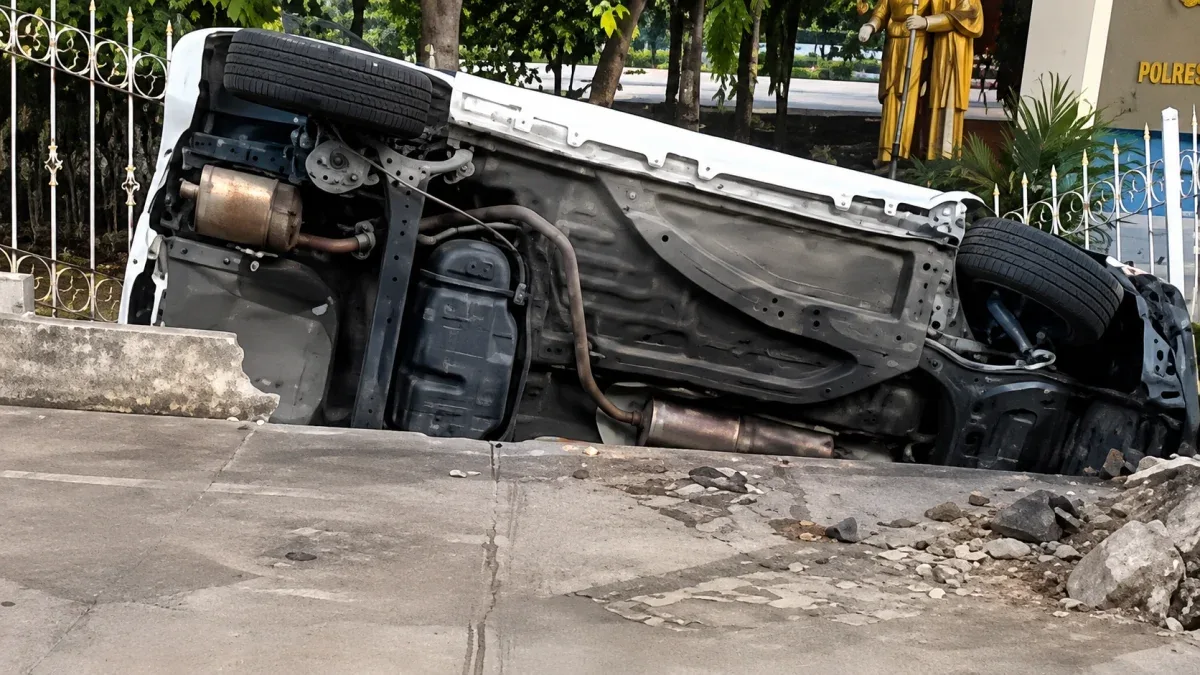 Honda Brio Tabrak Pagar Taman Budaya Riau di Pekanbaru