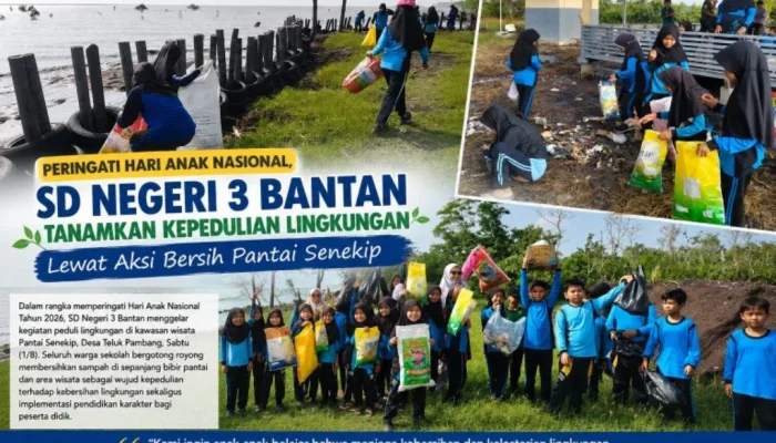 Rawat Lingkungan Sejak Dini, Siswa SDN 3 Bantan Bersihkan Pantai Senekip